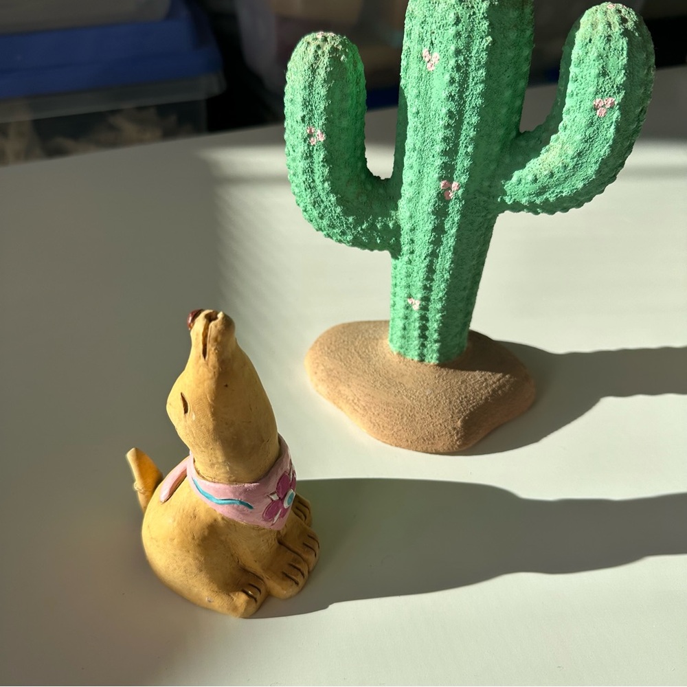 Yellow/Gold Desert Dog Figurine with Pink Scarf and Cactus - Picture 7 of 7